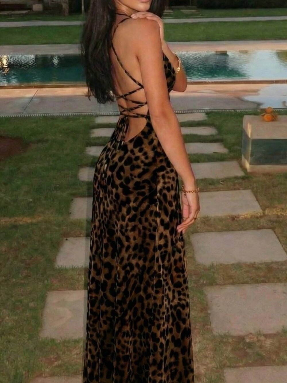 Multicolor Elegant Women's Leopard Print Backless Halter Maxi Party Dress - Picture 1 of 7